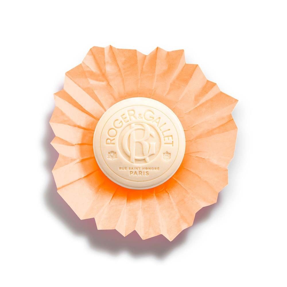 Roger & Gallet Seife ŒILLET MIGNARDISE, orangefarben, in gefaltetem Papier, Draufsicht.