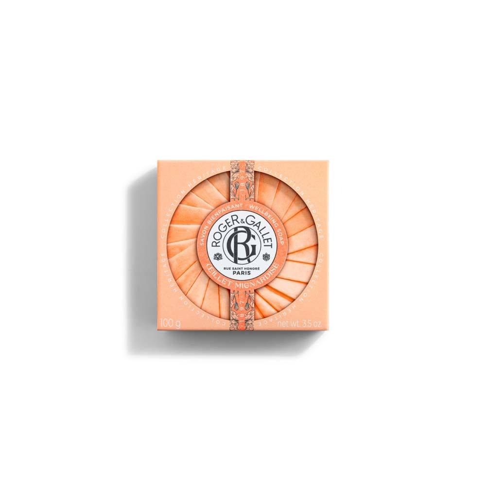 Roger & Gallet Seife ŒILLET MIGNARDISE in orangefarbener Faltschachtel.