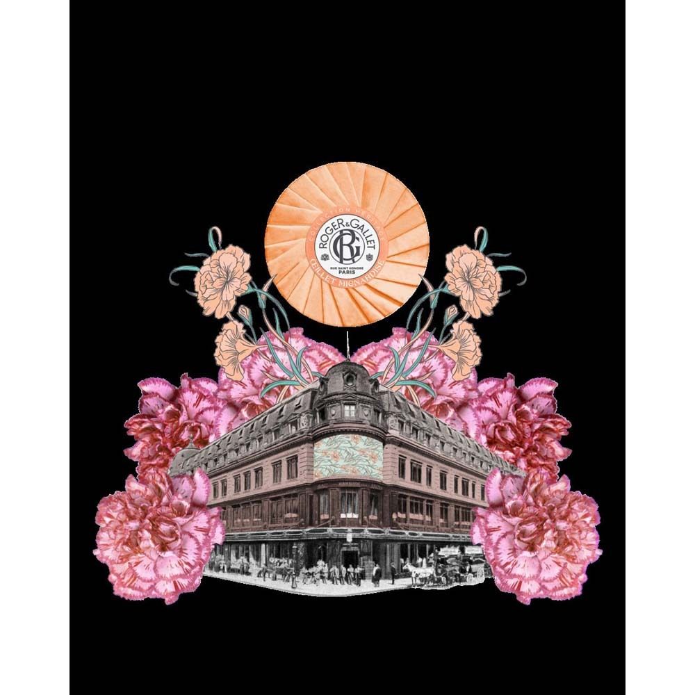 Roger & Gallet Seife ŒILLET MIGNARDISE, umgeben von Blumen und einem Gebäude.
