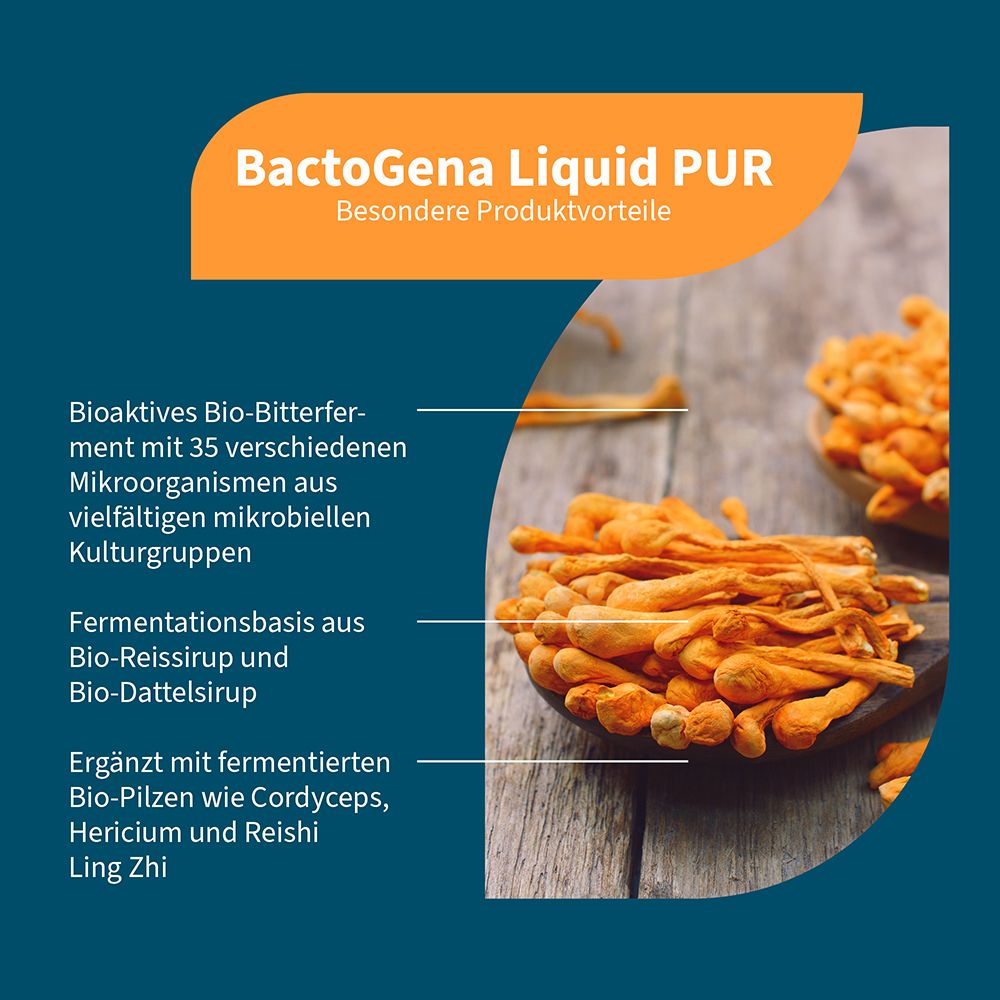 Produktvorteile von BactoGena Liquid PUR: Bioaktives Bio-Bitterferment mit 35 Mikroorganismen, fermentierte Bio-Pilze wie Cordyceps.