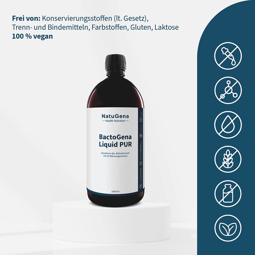 Flasche NatuGena BactoGena Liquid PUR auf Podest, frei von Konservierungsstoffen, Farbstoffen, Gluten, Laktose. 100% vegan.