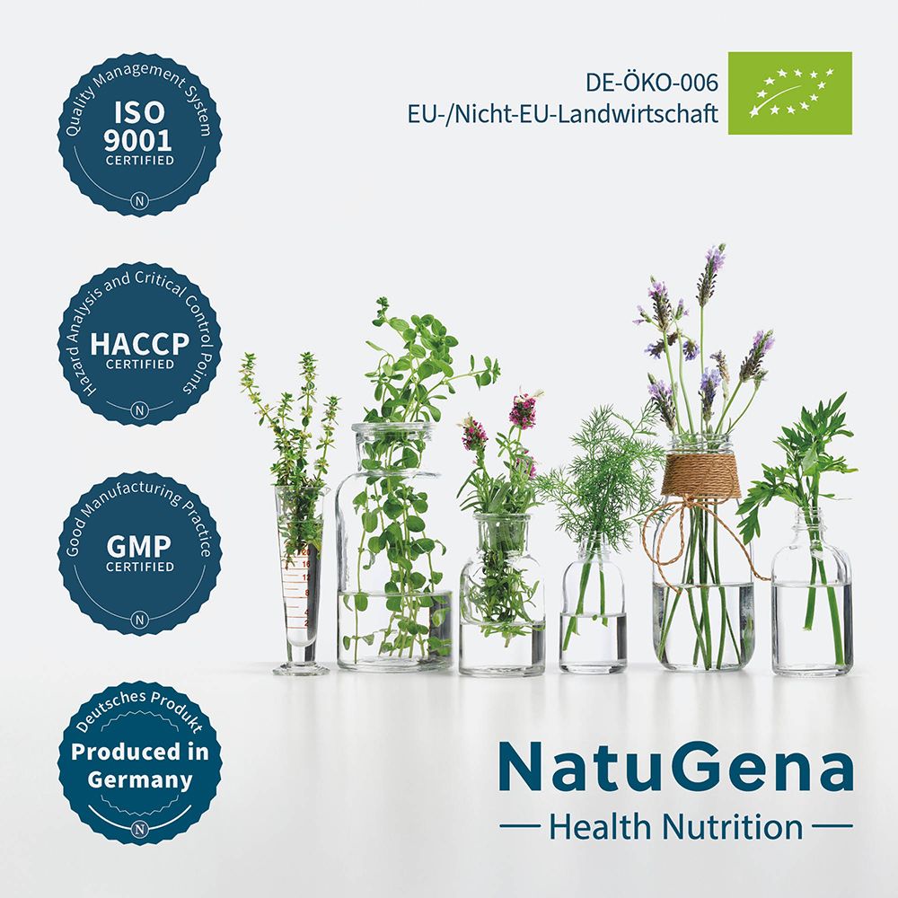 Zertifizierungen: ISO 9001, HACCP, GMP, DE-ÖKO-006, EU-/Nicht-EU-Landwirtschaft. Produziert in Deutschland.