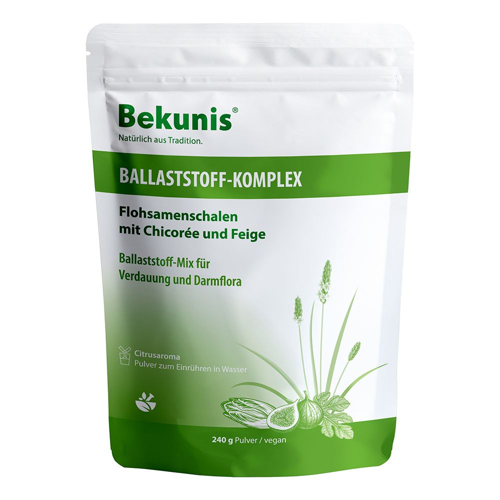 Bekunis Ballaststoff-Komplex: Pulver im Standbodenbeutel mit Flohsamenschalen, Chicorée und Feige. Für Verdauung und Darmflora.