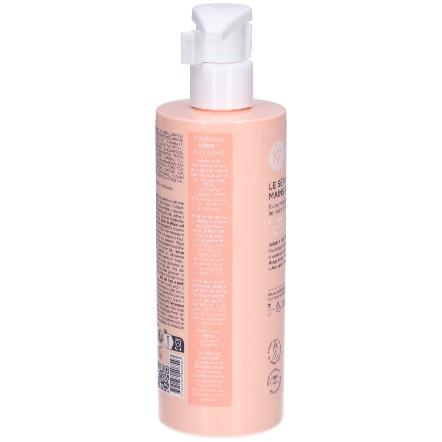 Dos du flacon rose avec texte. Contient des informations sur le produit, les ingrédients et l'utilisation.