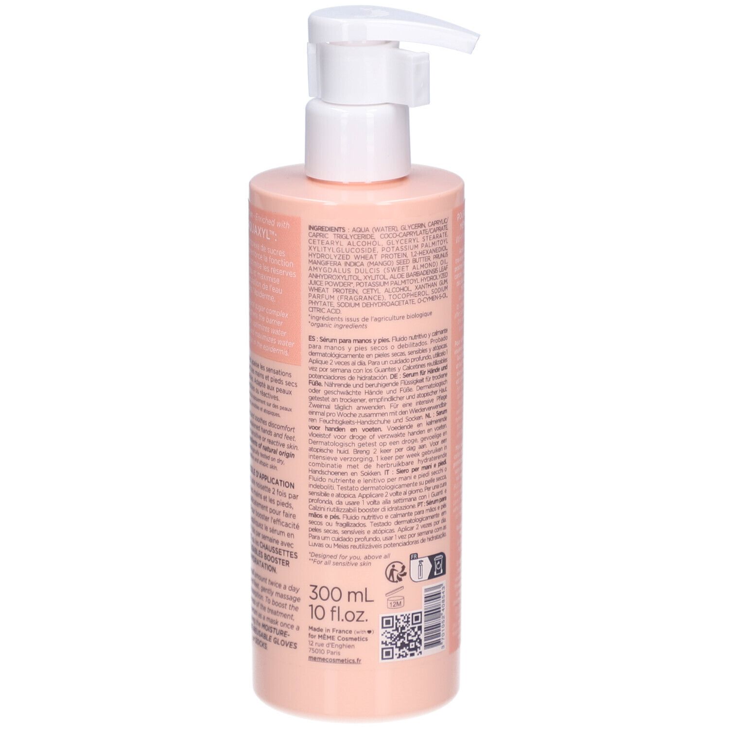 Dos du flacon rose avec texte. Contient ingrédients, instructions d'utilisation et volume : 300 ml.