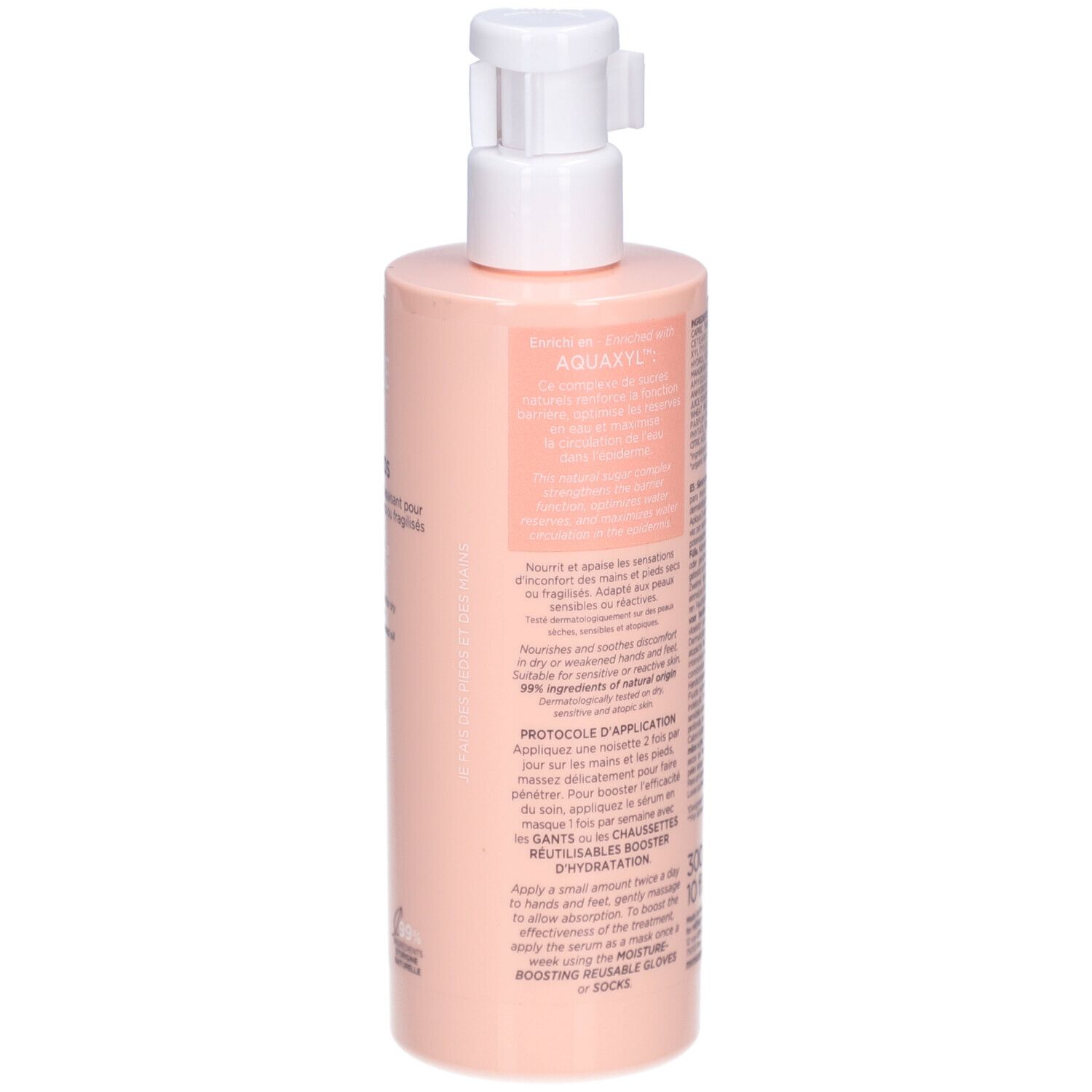 Dos du flacon rose avec texte. Contient des informations sur le produit, les instructions d'utilisation et les ingrédients.