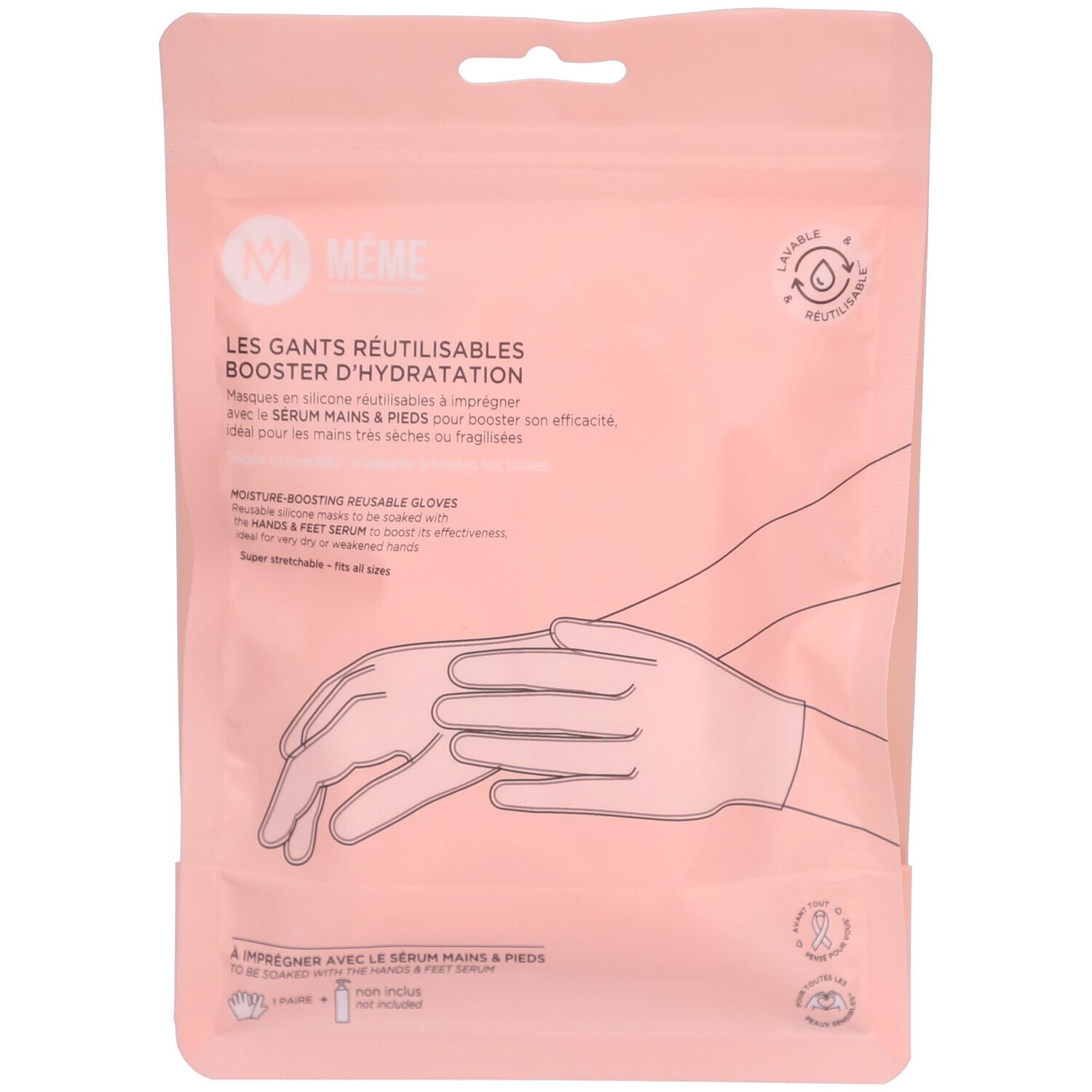 Emballage rose. Dessin de gants. Texte: MÊME, gants réutilisables, booster d'hydratation.