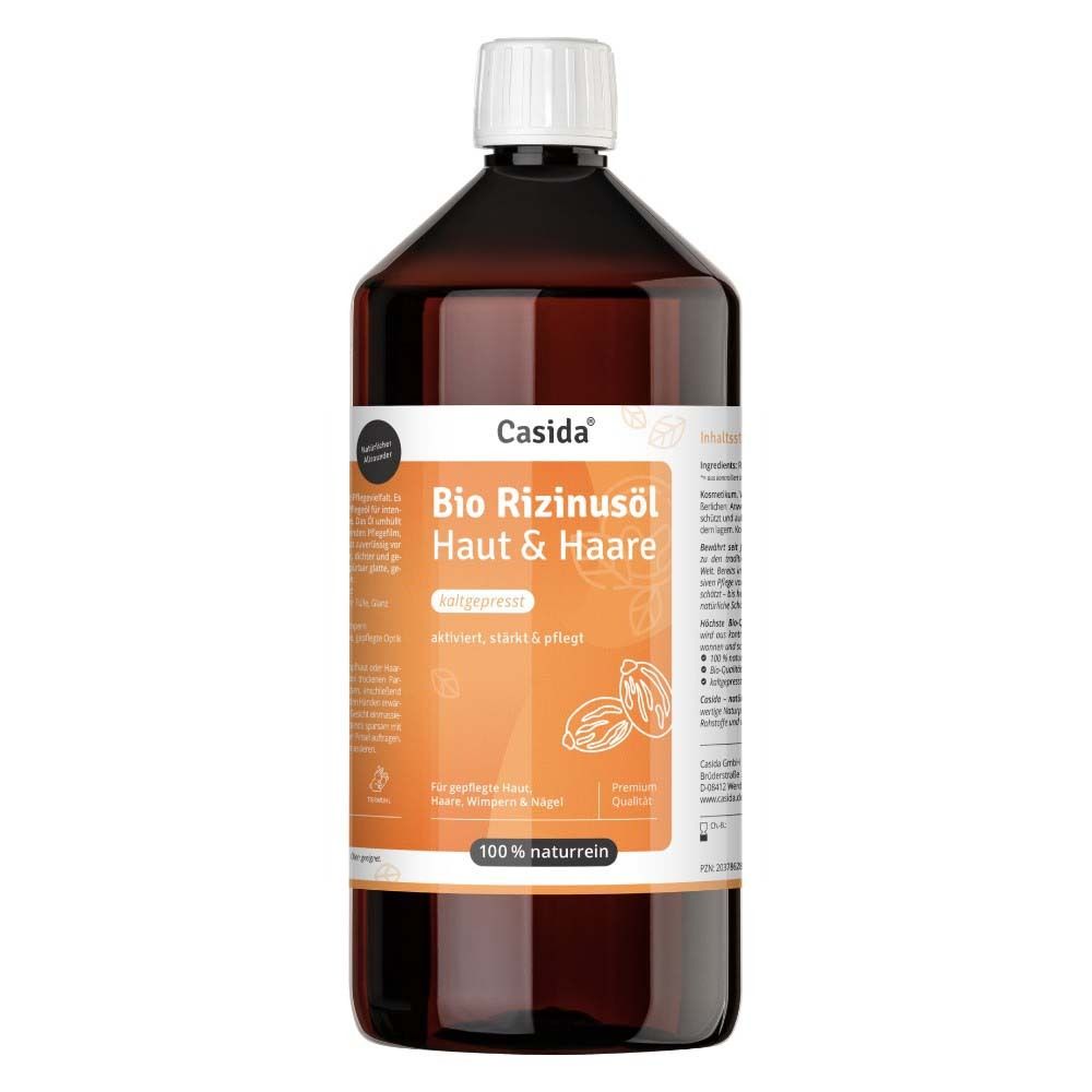 Casida Bio Rizinusöl Haut & Haare in brauner Glasflasche mit weißem Schraubverschluss. Kaltgepresst, 100% naturrein.