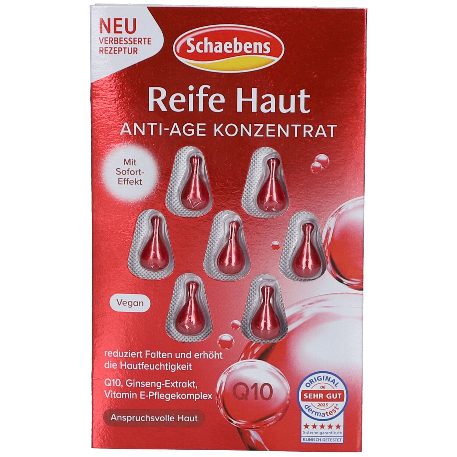 Boîte de capsules rouges. Inscription: Reife Haut Anti-Age Konzentrat. Vegan. Avec effet immédiat. Q10.
