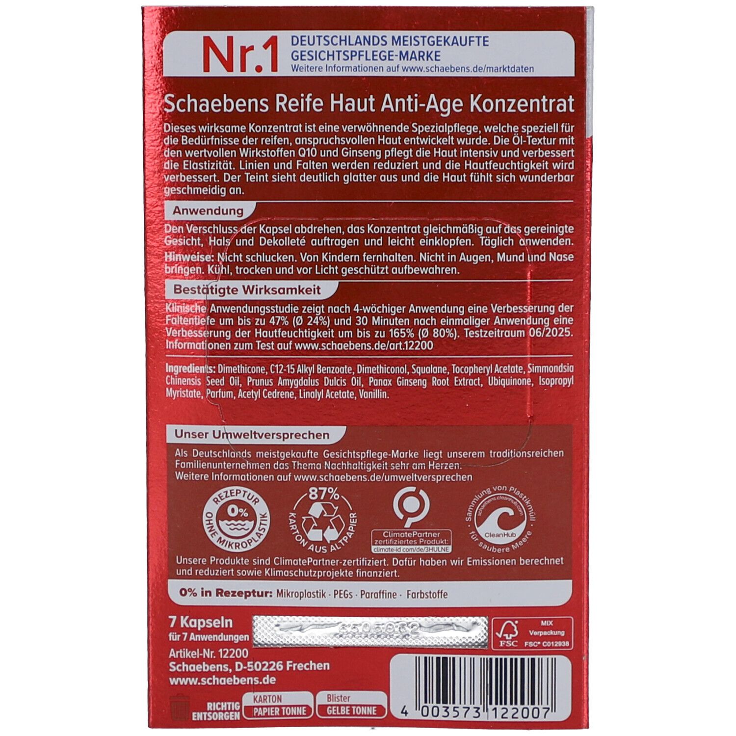 Dos de l'emballage. Texte: Reife Haut Anti-Age Konzentrat. Ingrédients, mode d'emploi, efficacité prouvée. 7 capsules.