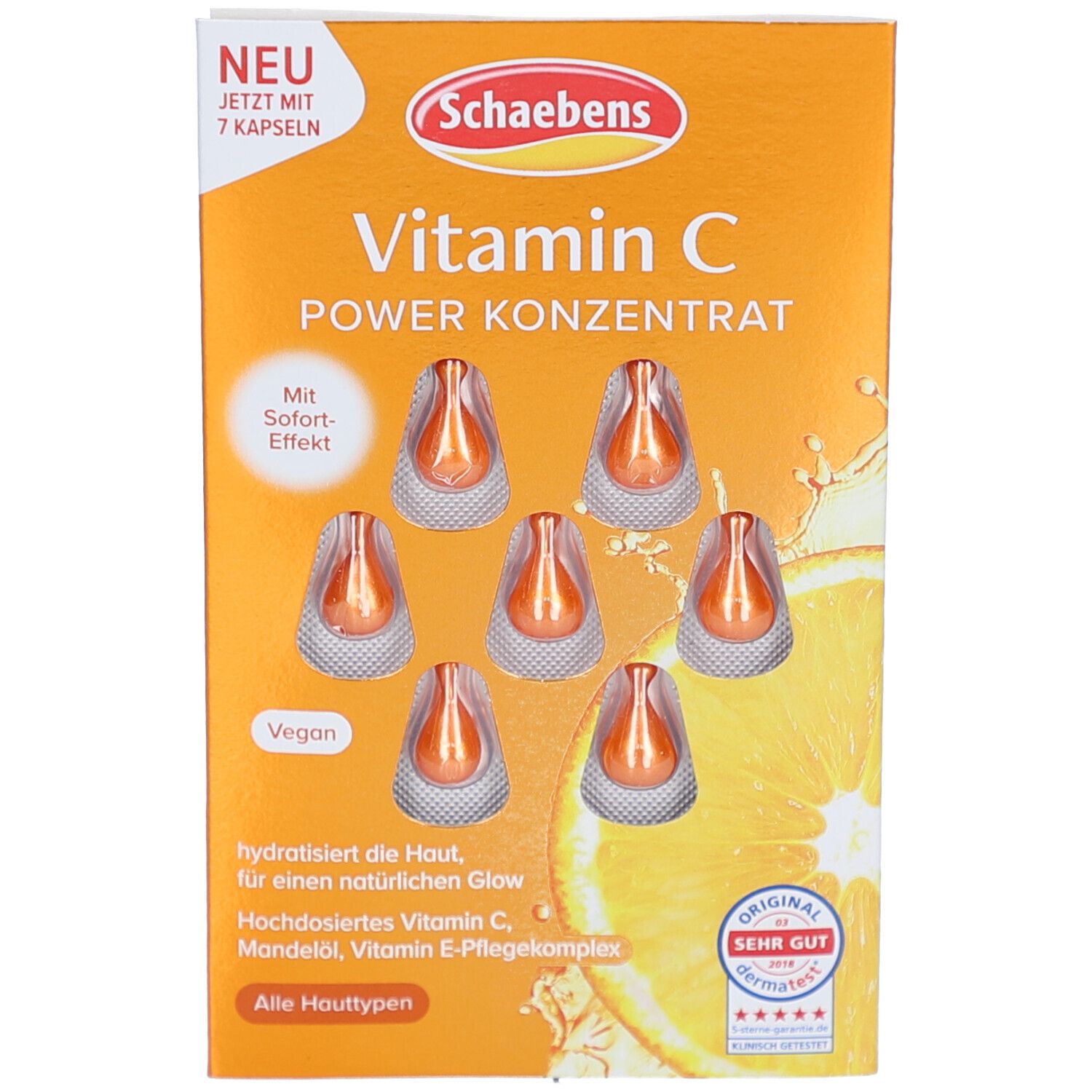 Emballage de Schaebens Vitamin C Power Konzentrat. Design orange avec nom du produit, capsules et illustration d'orange.