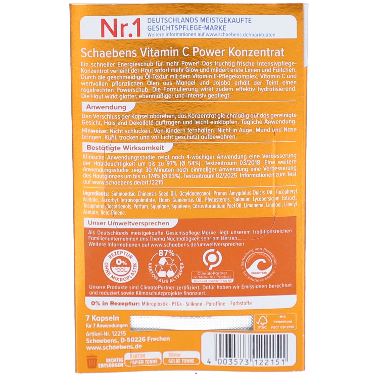 Dos de l'emballage Schaebens Vitamin C Power Konzentrat. Informations textuelles, ingrédients, instructions et certifications.