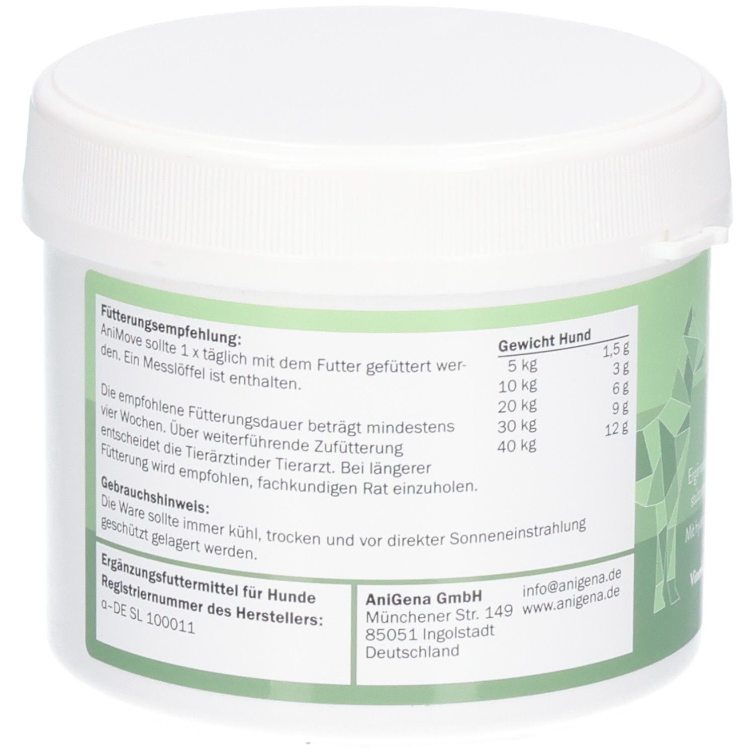 Vorderseite einer weißen Dose mit AniMove Ergänzungsfuttermittel für Hunde, mit Kollagen und Vitamin E.