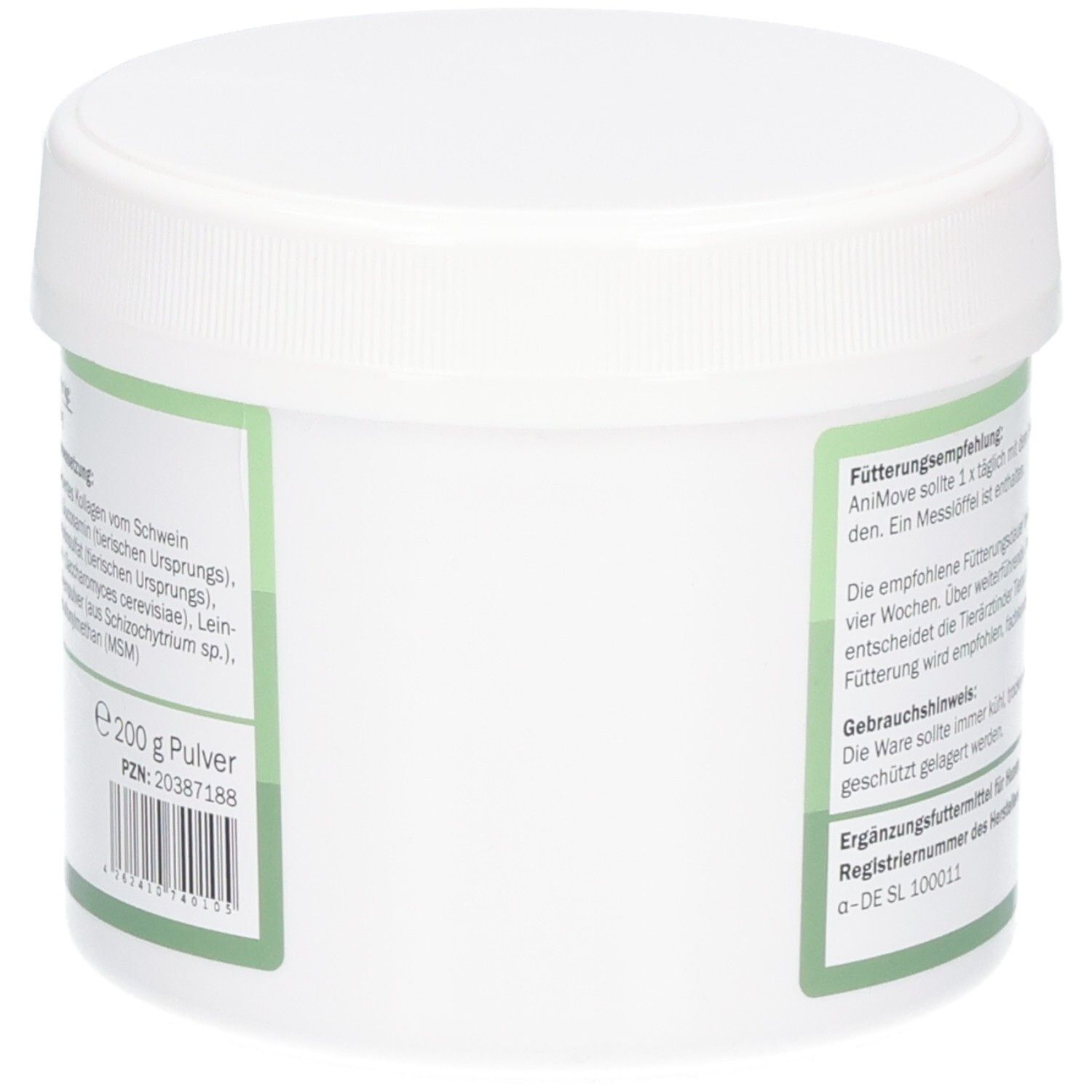 Vorderseite einer weißen Dose mit AniMove Ergänzungsfuttermittel für Hunde, 200g Pulver.