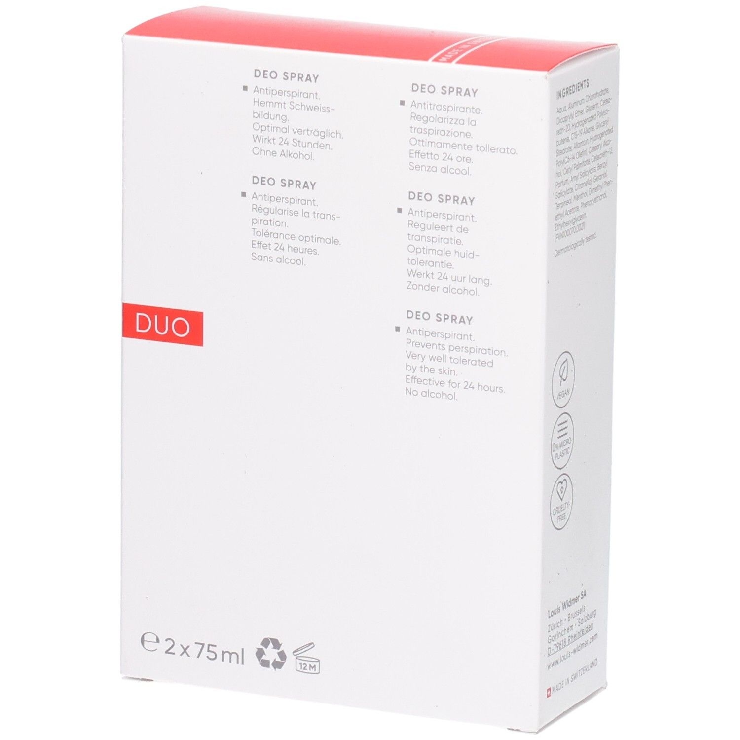 Packung mit zwei 75ml Deo Sprays. Enthält mehrsprachige Produktinformationen.