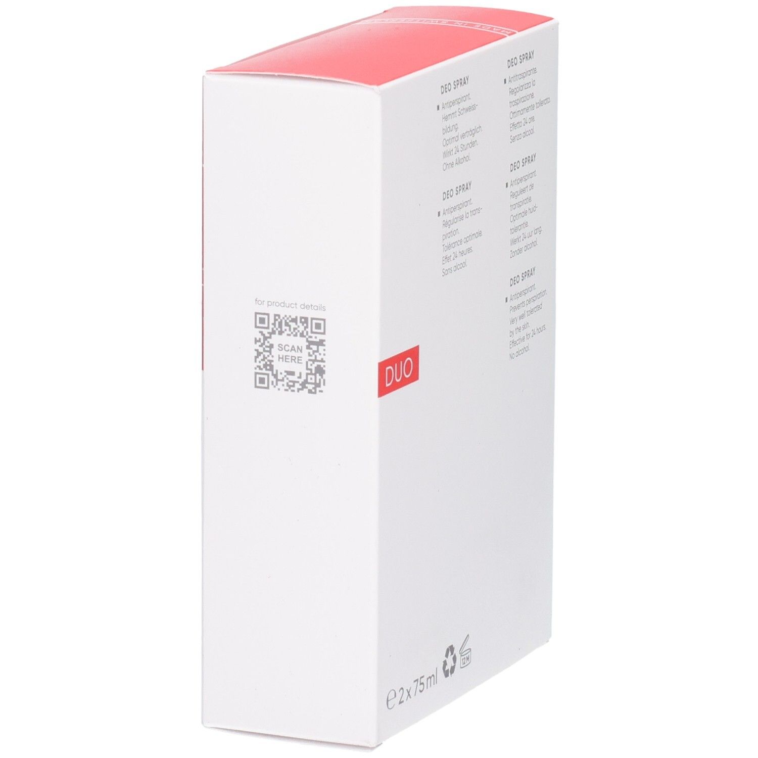Weiße Kartonverpackung mit rotem Deckel, Aufdruck 'DUO' und QR-Code. Enthält 2x 75ml.