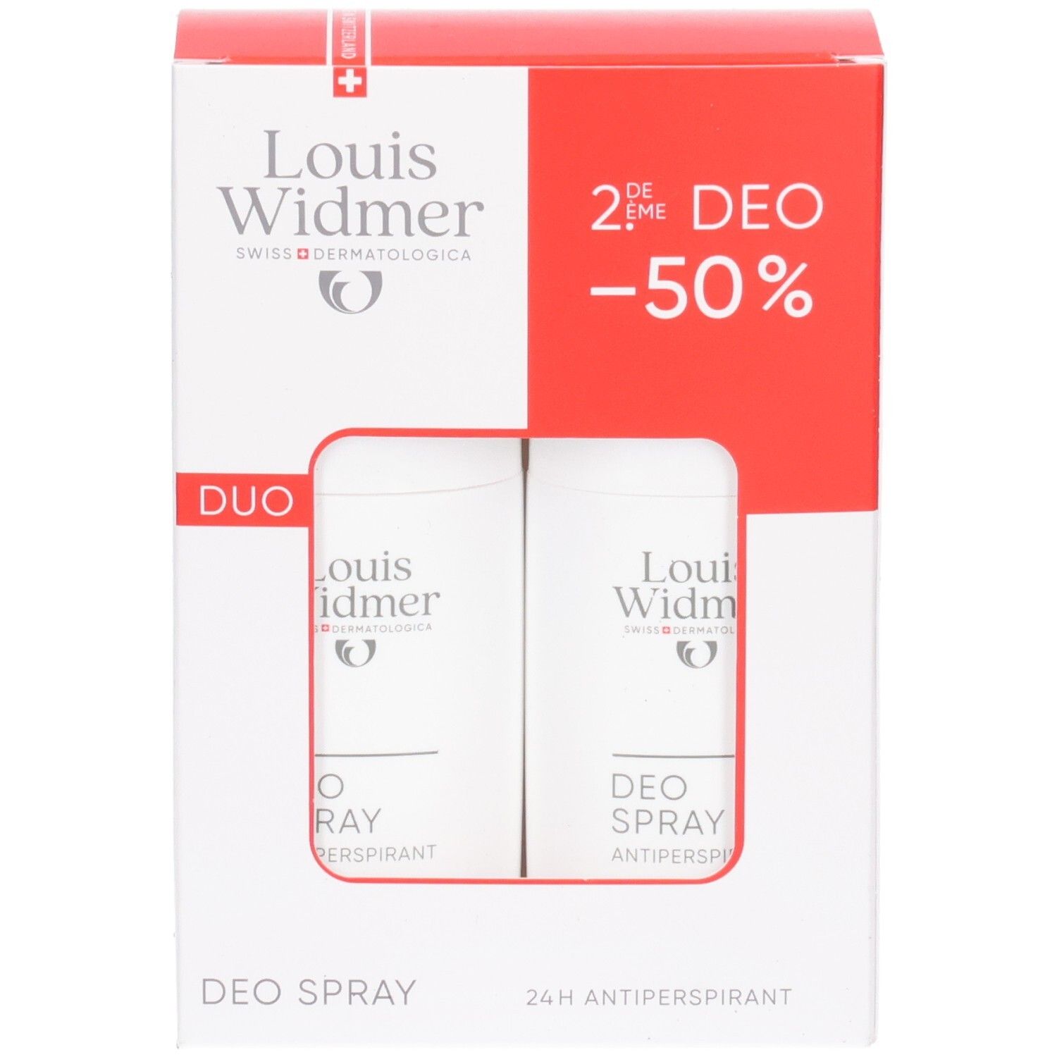 Louis Widmer Duo Deo Spray: Zwei weiße Sprühdosen mit Antiperspirant. Verpackung mit 2. Deo -50% Aufdruck.