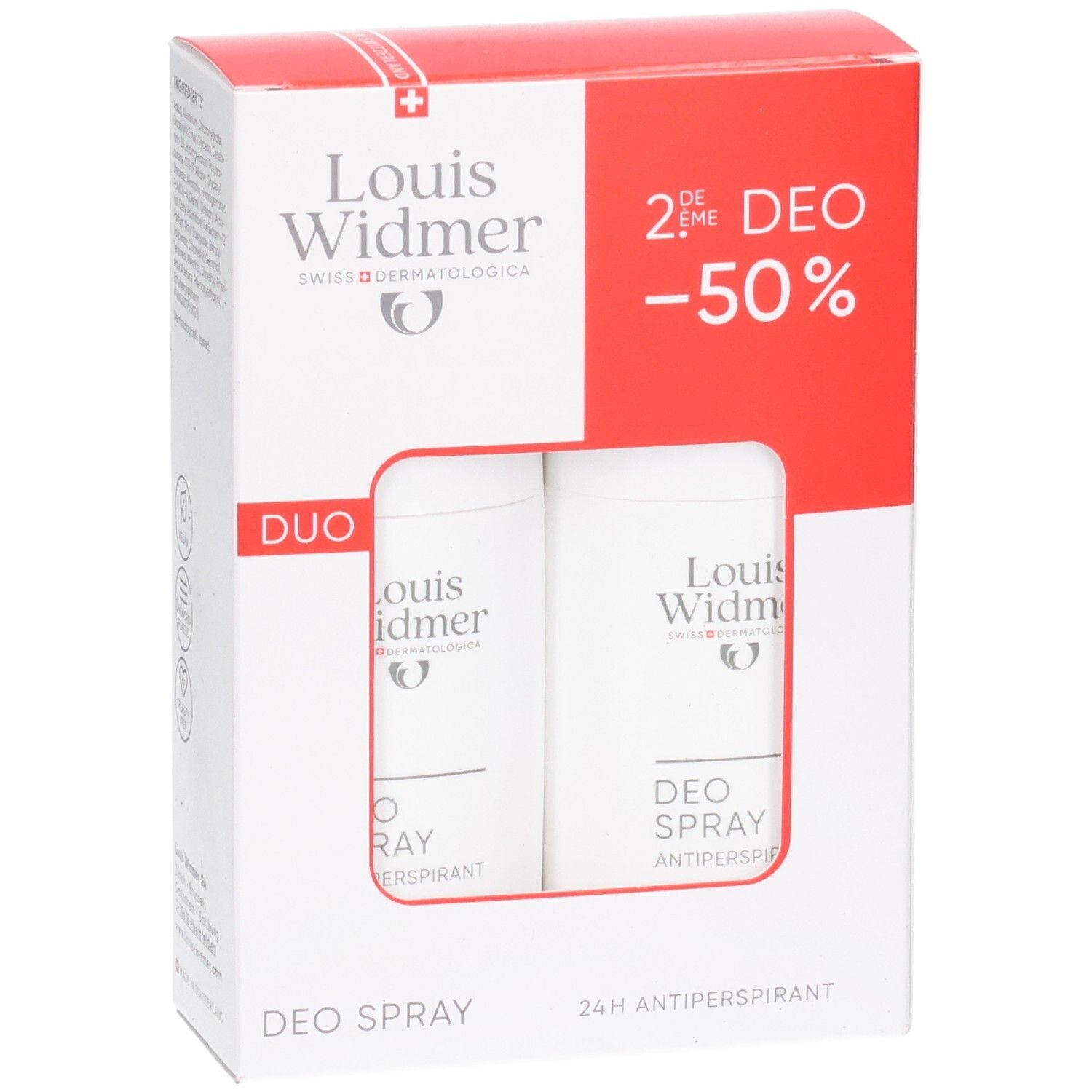 Louis Widmer Duo Deo Spray Packung mit zwei weißen Sprühdosen, 24h Antiperspirant.