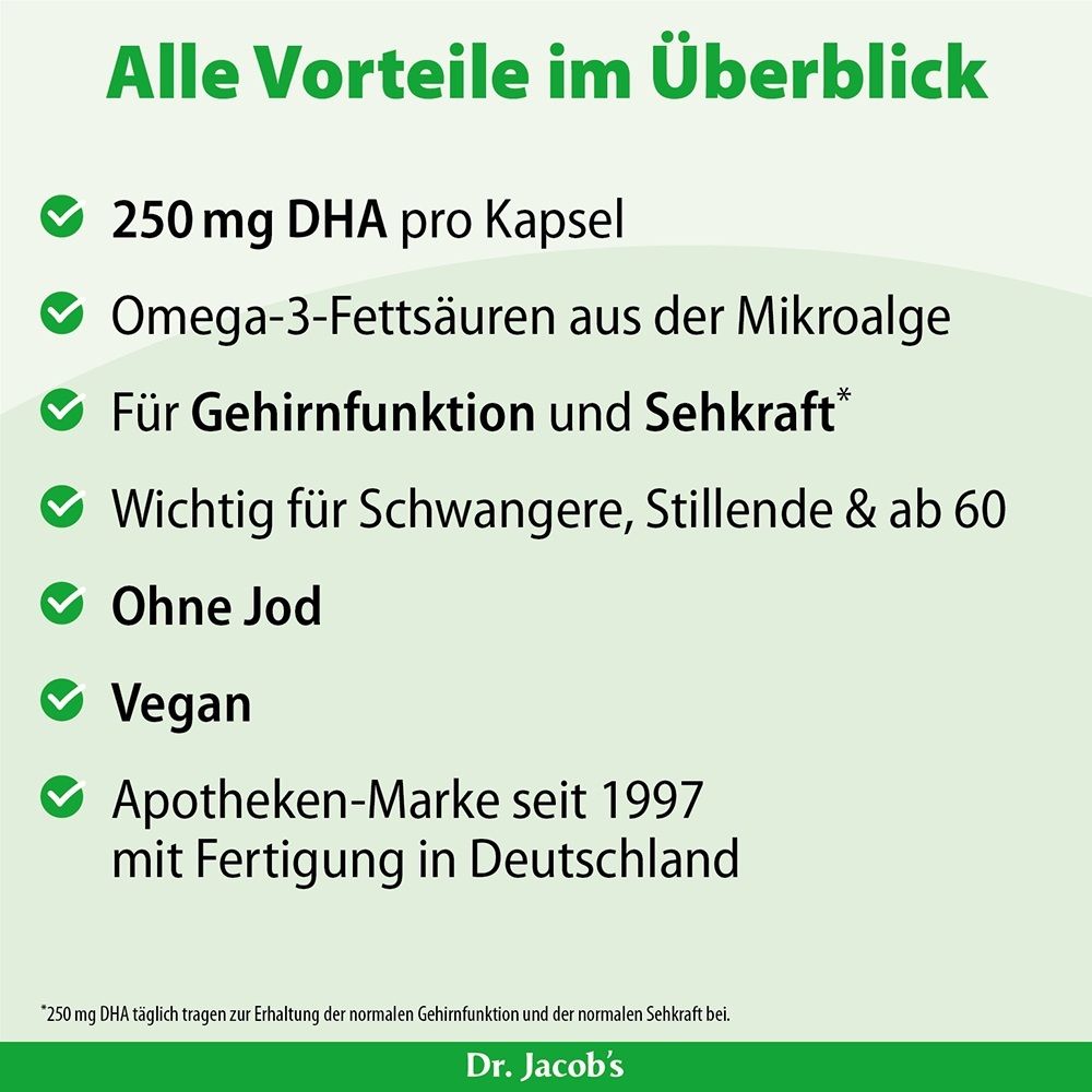 Aperçu des avantages de l'huile d'algues DHA Dr. Jacob's : 250 mg DHA par capsule, végétalien, bon pour le cerveau et la vision.
