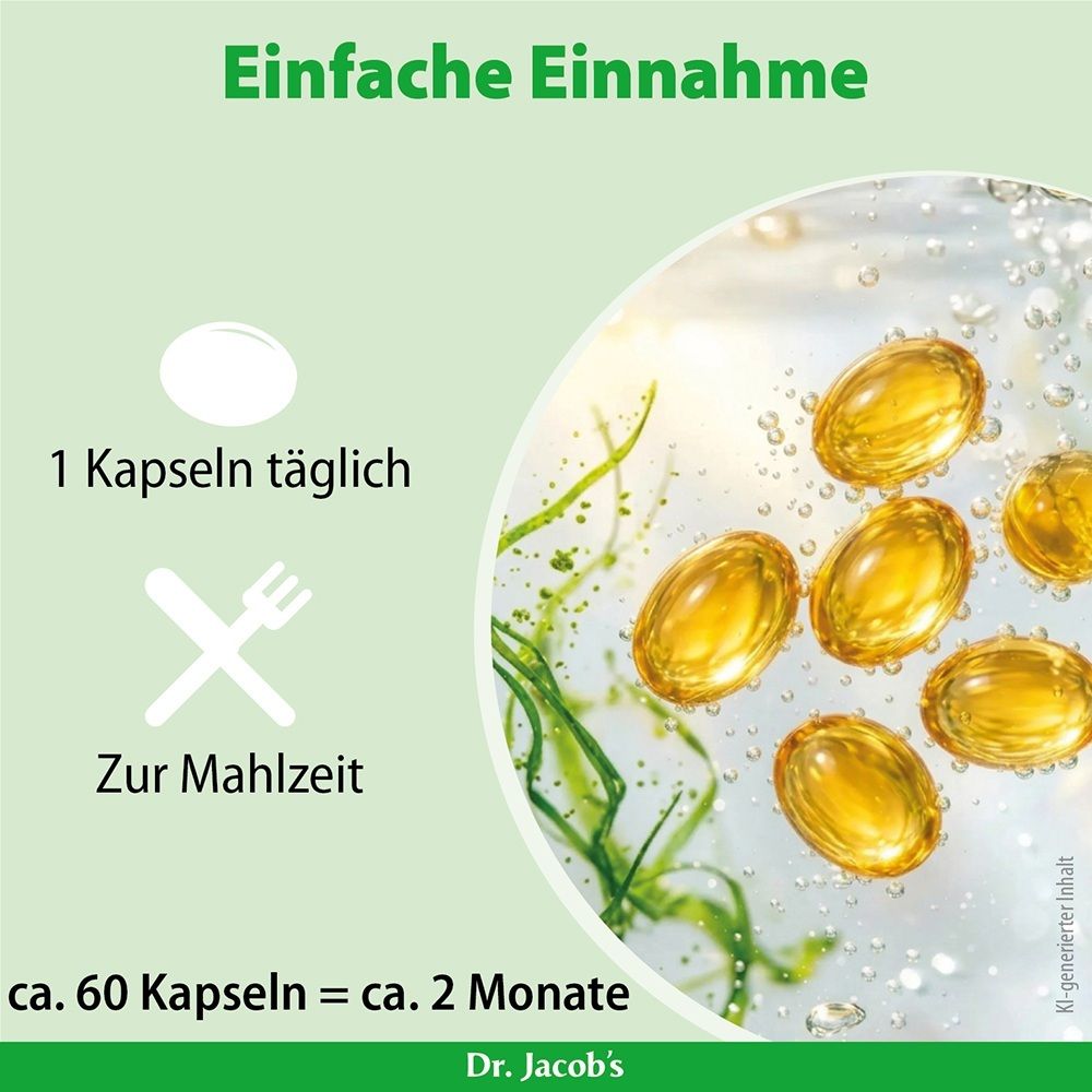 Six capsules d'huile d'algues DHA dans un environnement de gouttes d'eau avec des algues.
