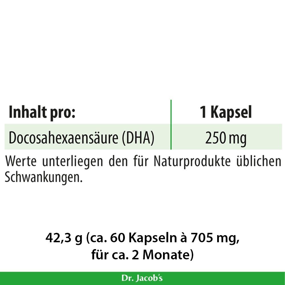 Informations nutritionnelles : 1 capsule contient 250 mg d'acide docosahexaénoïque (DHA). Contenu env. 60 capsules.