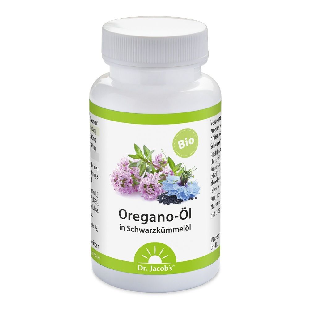 Dr. Jacob's Oregano-Öl Kapseln in Schwarzkümmelöl, Bio-Qualität.
