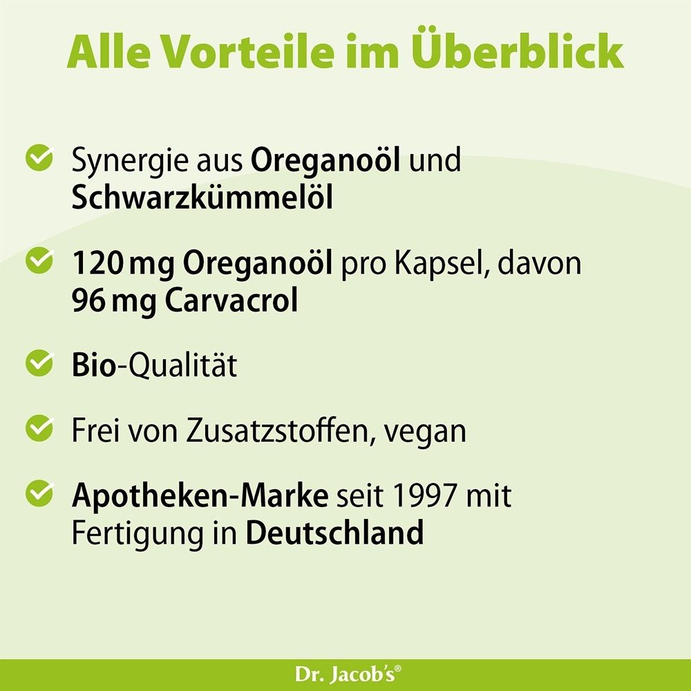 Vorteile: Synergie aus Oregano- und Schwarzkümmelöl, 120mg Oreganoöl pro Kapsel, Bio-Qualität, vegan.