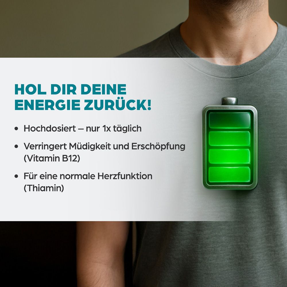 Mann im T-Shirt, Energie-Symbol einer Batterie. Text: Hol dir deine Energie zurück! Hochdosiert.