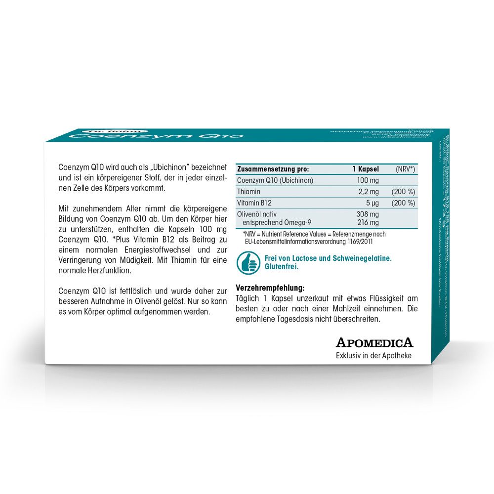 Rückseite Dr. Böhm Coenzym Q10 Packung: Zusammensetzung, Verzehrempfehlung, Glutenfrei, Lactosefrei.