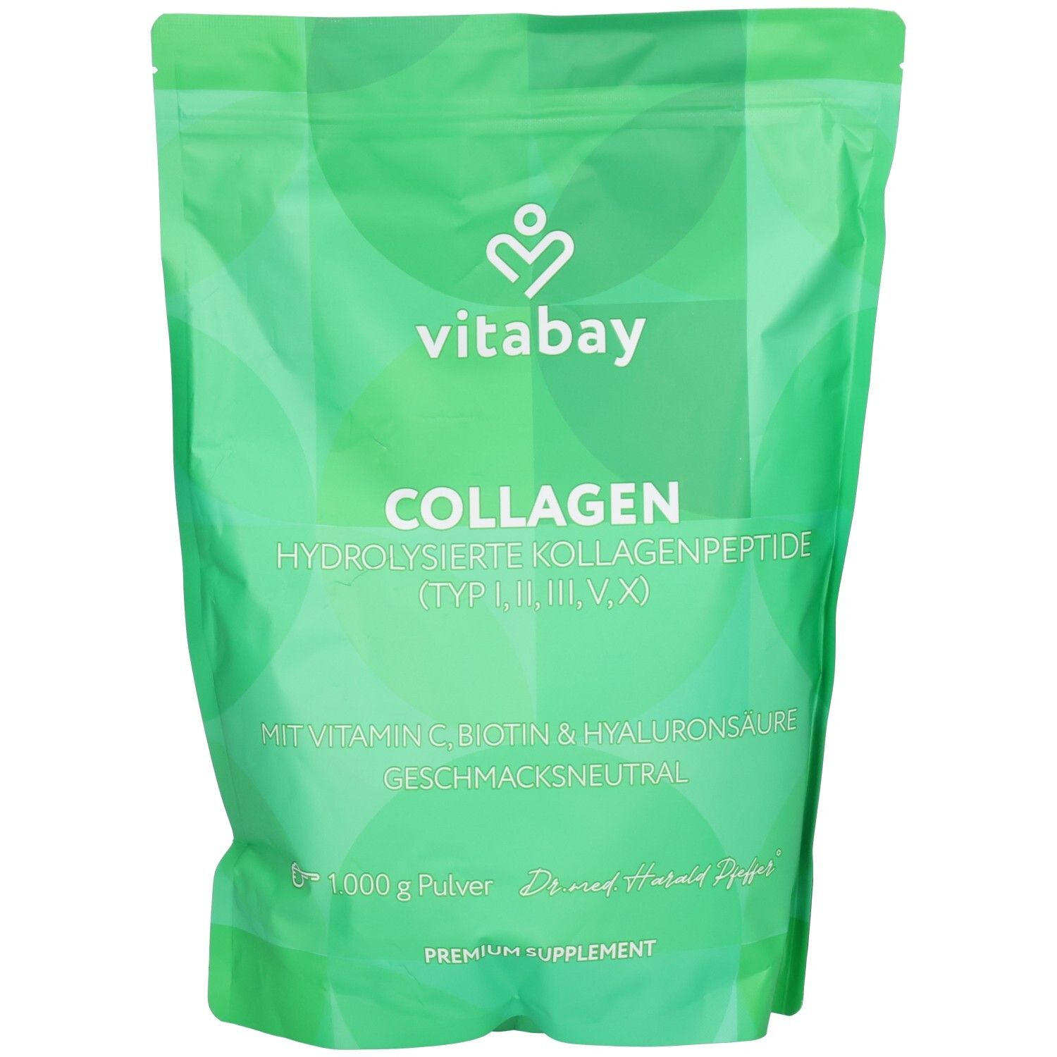 Sachet vert Vitabay Collagen Poudre, 1000g. Contient peptides de collagène hydrolysé, acide hyaluronique, Vitamine C, Biotine.