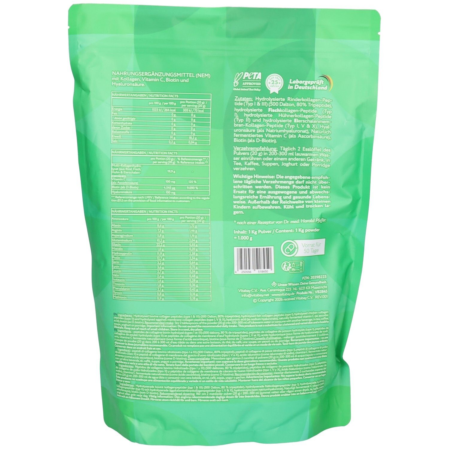 Dos d'un sachet vert Vitabay Collagen Poudre. Affiche les informations nutritionnelles et du produit.
