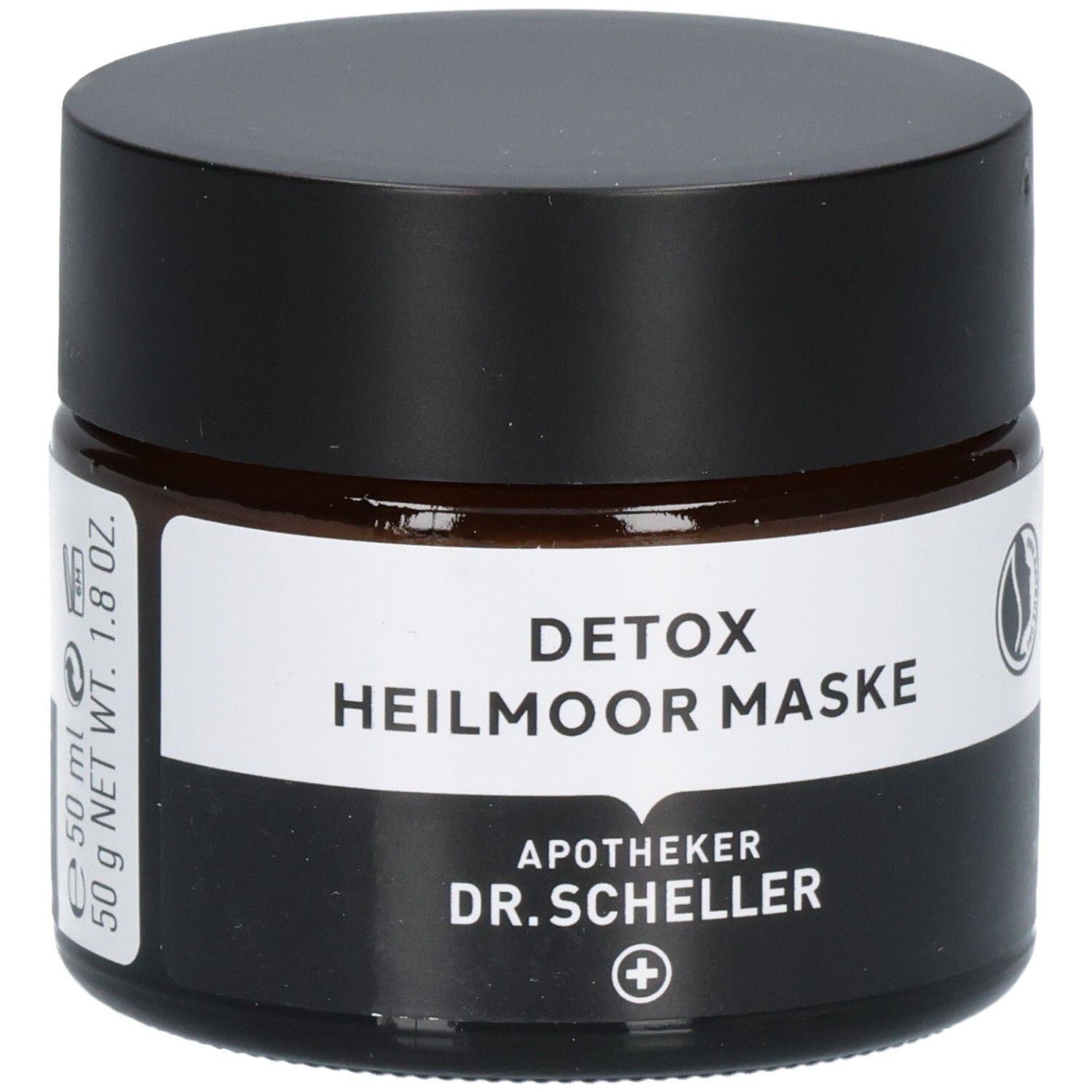 Glasgefäß mit Etikett: "50 ml", "50 g NET WT. 1.8 OZ.", "DETOX HEILMOOR MASKE", "DR. SCHELLER".