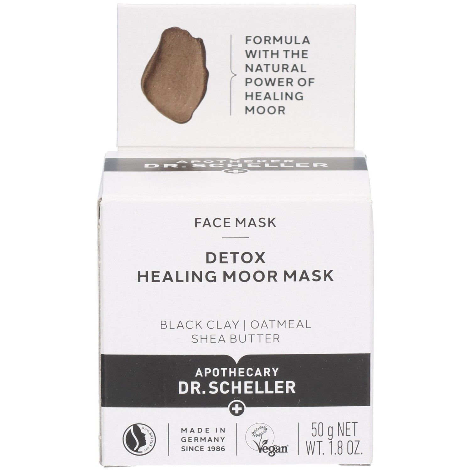 Verpackung: "FACE MASK", "DETOX HEALING MOOR MASK", "DR. SCHELLER", "MADE IN GERMANY", "VEGAN".