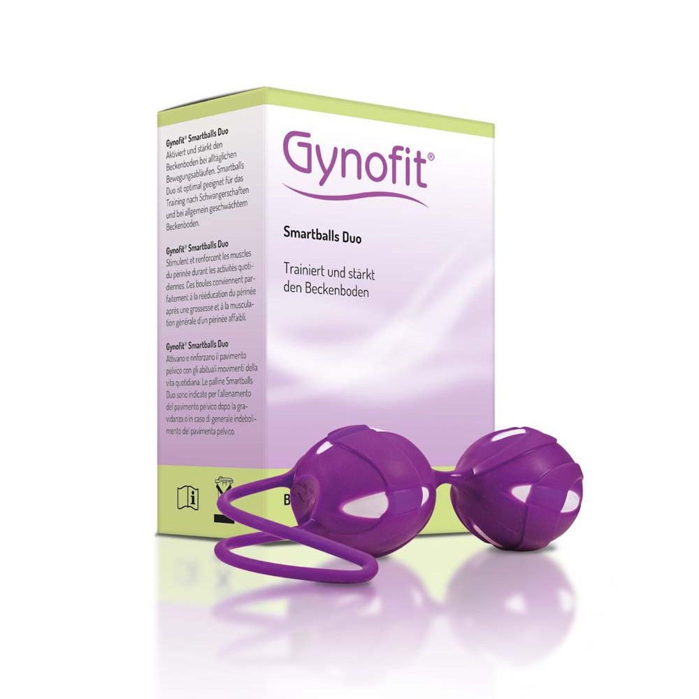 Gynofit Smartballs Duo. Deux boules violettes reliées, emballage. Texte: Entraîne et renforce les muscles du périnée.