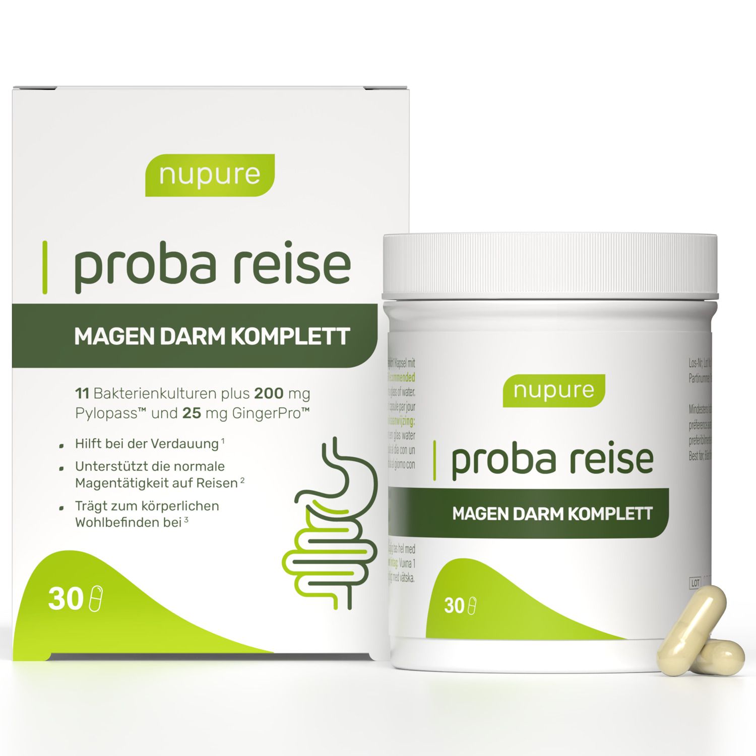 Produkt: Nupure Proba Reise. Weiße Dose und Schachtel. Kapseln daneben. Text: Magen Darm Komplett, 30 Kapseln.