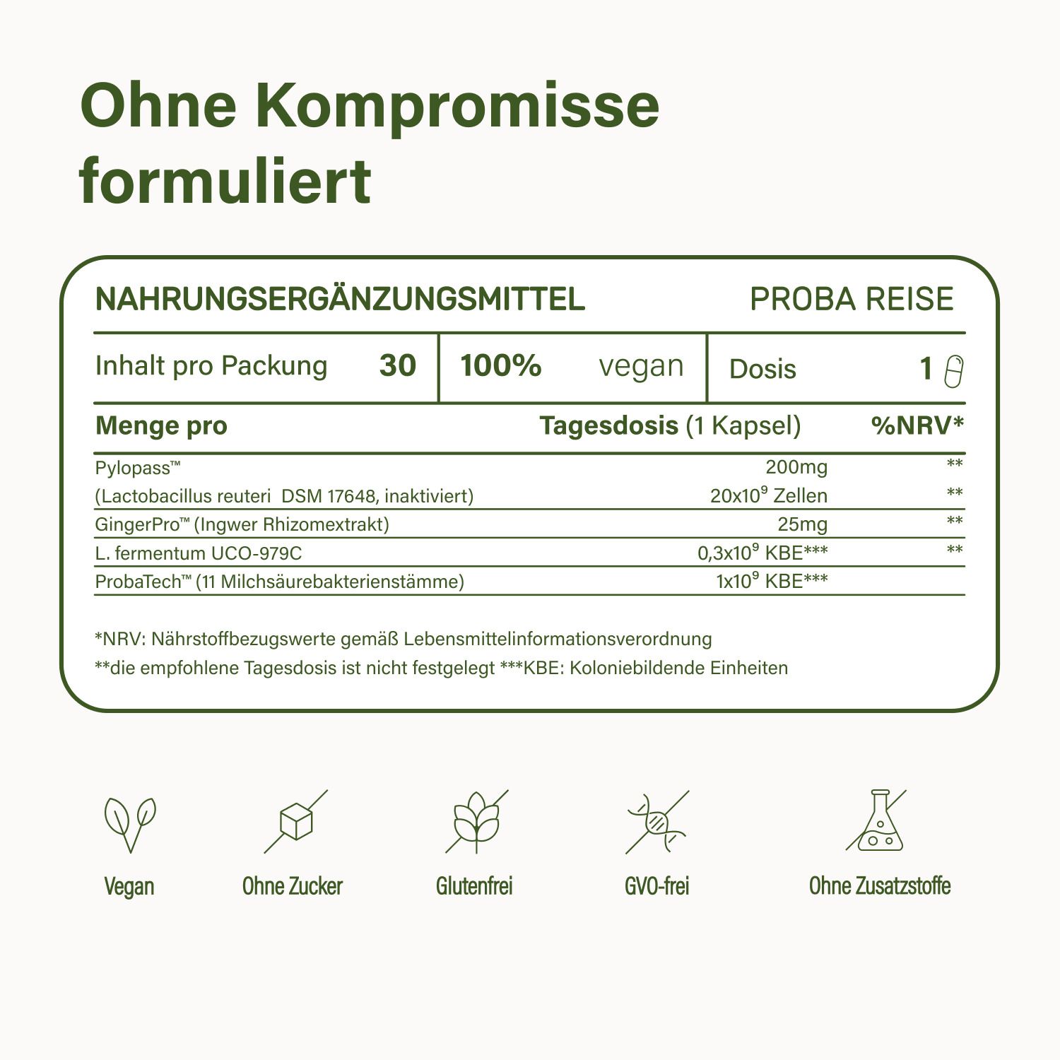 Nährwerttabelle. Text: Proba Reise. Inhaltsstoffe, Dosierung, %NRV. Vegan, zuckerfrei, glutenfrei, GVO-frei.