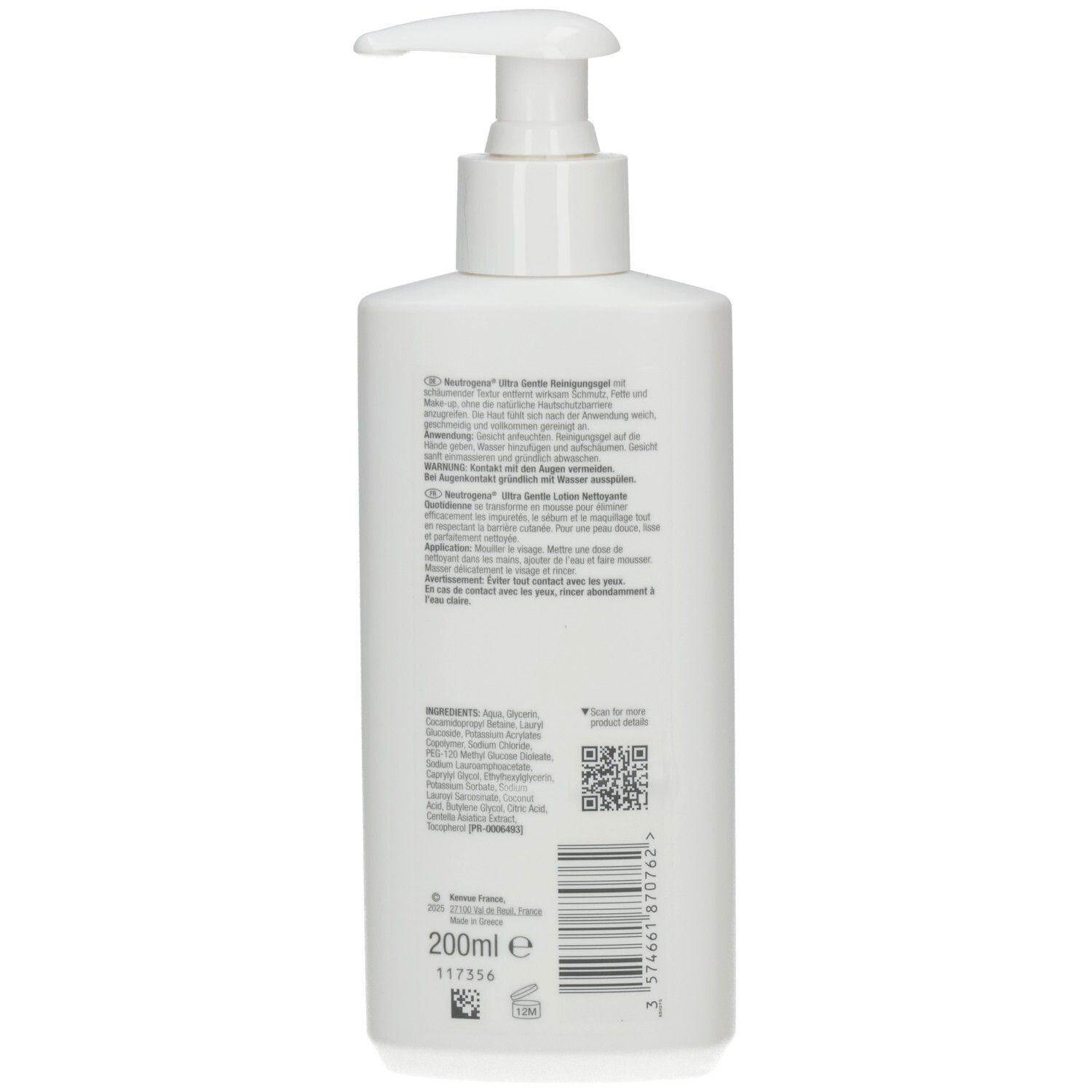 Weiße Pumpflasche mit Neutrogena Ultra Gentle Reiniger. 200ml.