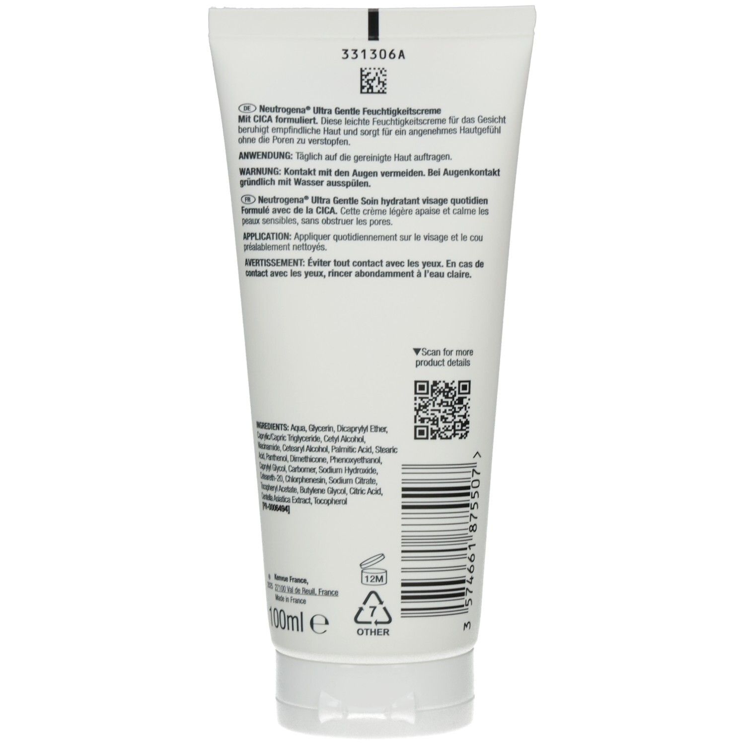 Neutrogena Ultra Gentle Feuchtigkeitscreme Tube, 100ml.