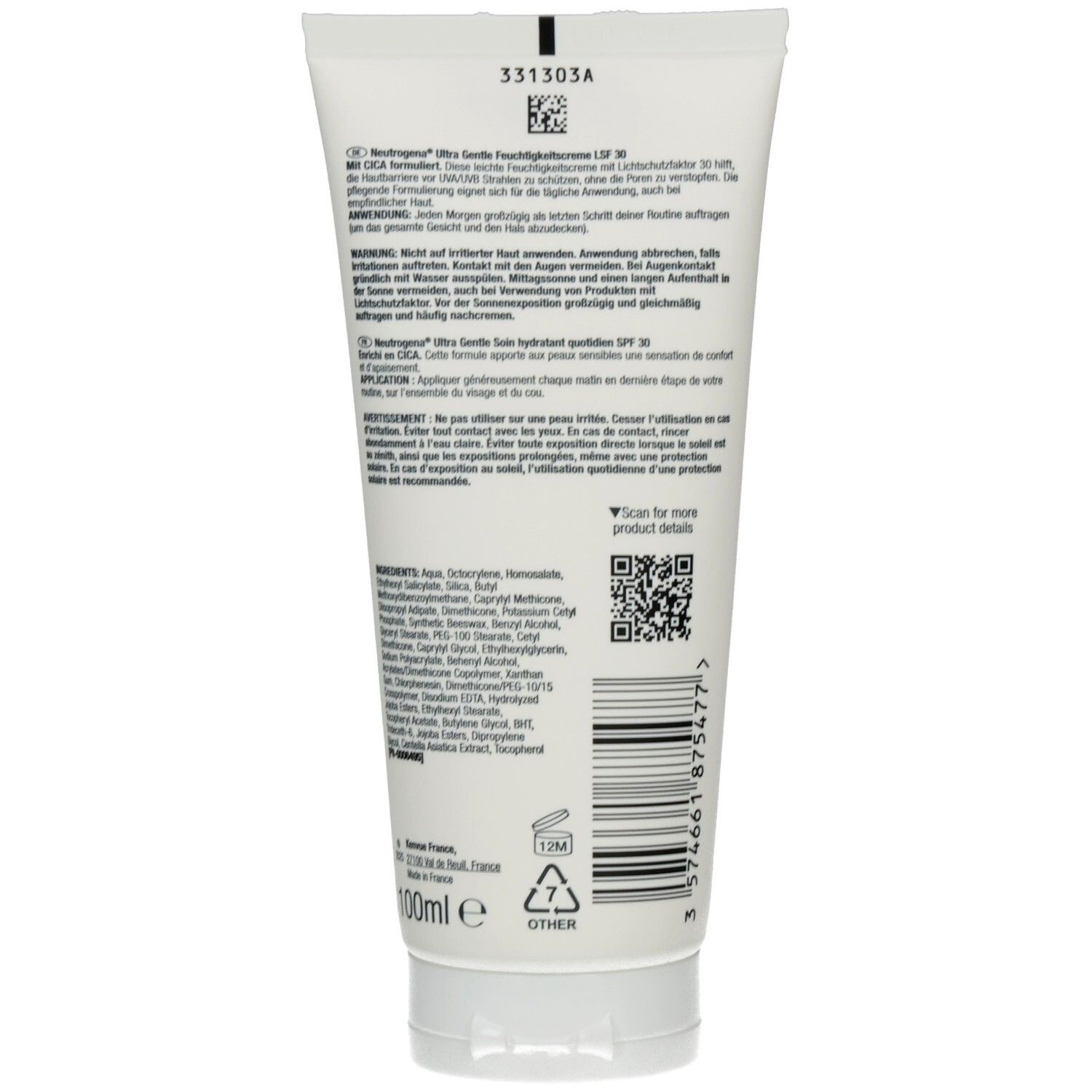 Neutrogena Ultra Gentle Feuchtigkeitscreme LSF 30, 100ml Tube.