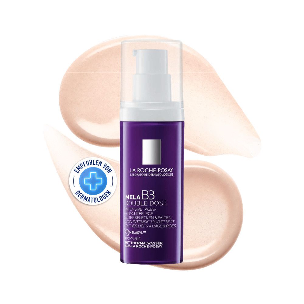 La Roche-Posay Mela B3 Double Dose Flakon mit Pumpspender, umgeben von cremigen Texturen. Mit Dermatologen-Siegel.