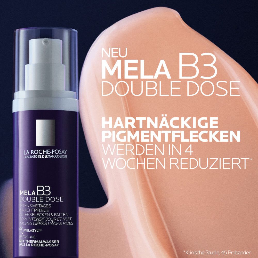 La Roche-Posay Mela B3 Double Dose Flakon neben Text, der die Reduzierung von Pigmentflecken in 4 Wochen verspricht.