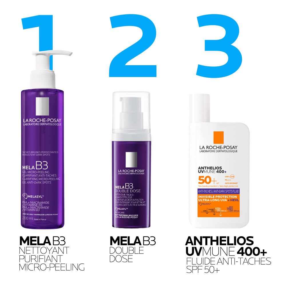 Drei La Roche-Posay Produkte: Mela B3 Reinigung, Mela B3 Double Dose Pflege und Anthelios UVmune 400+ Sonnenschutz.