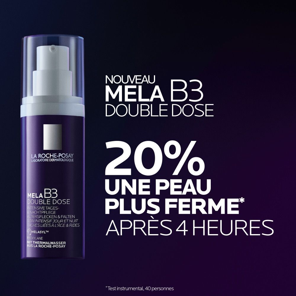 La Roche-Posay Mela B3 Double Dose Flakon mit Text, der eine straffere Haut nach 4 Stunden verspricht.