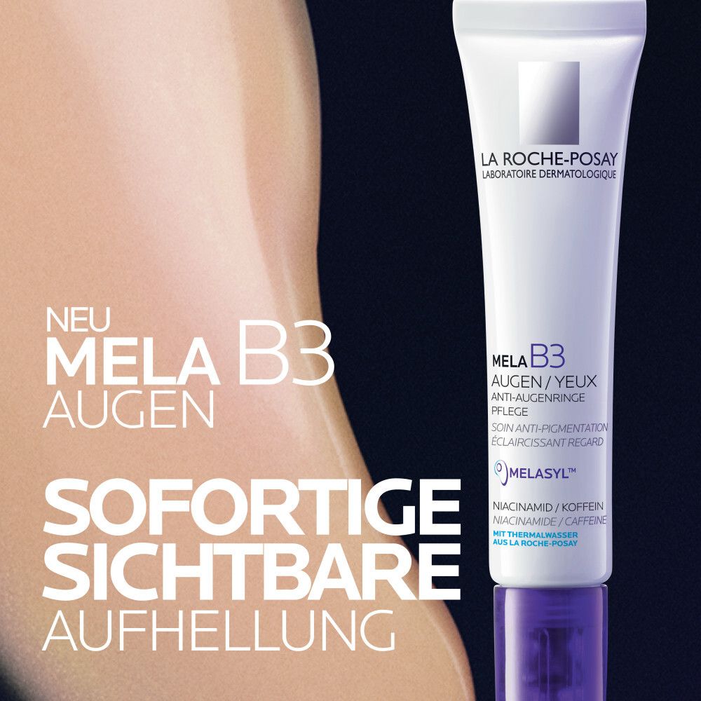 La Roche-Posay Mela B3 Augenpflege Tube neben Hautpartie mit Text "Neu Mela B3 Augen".