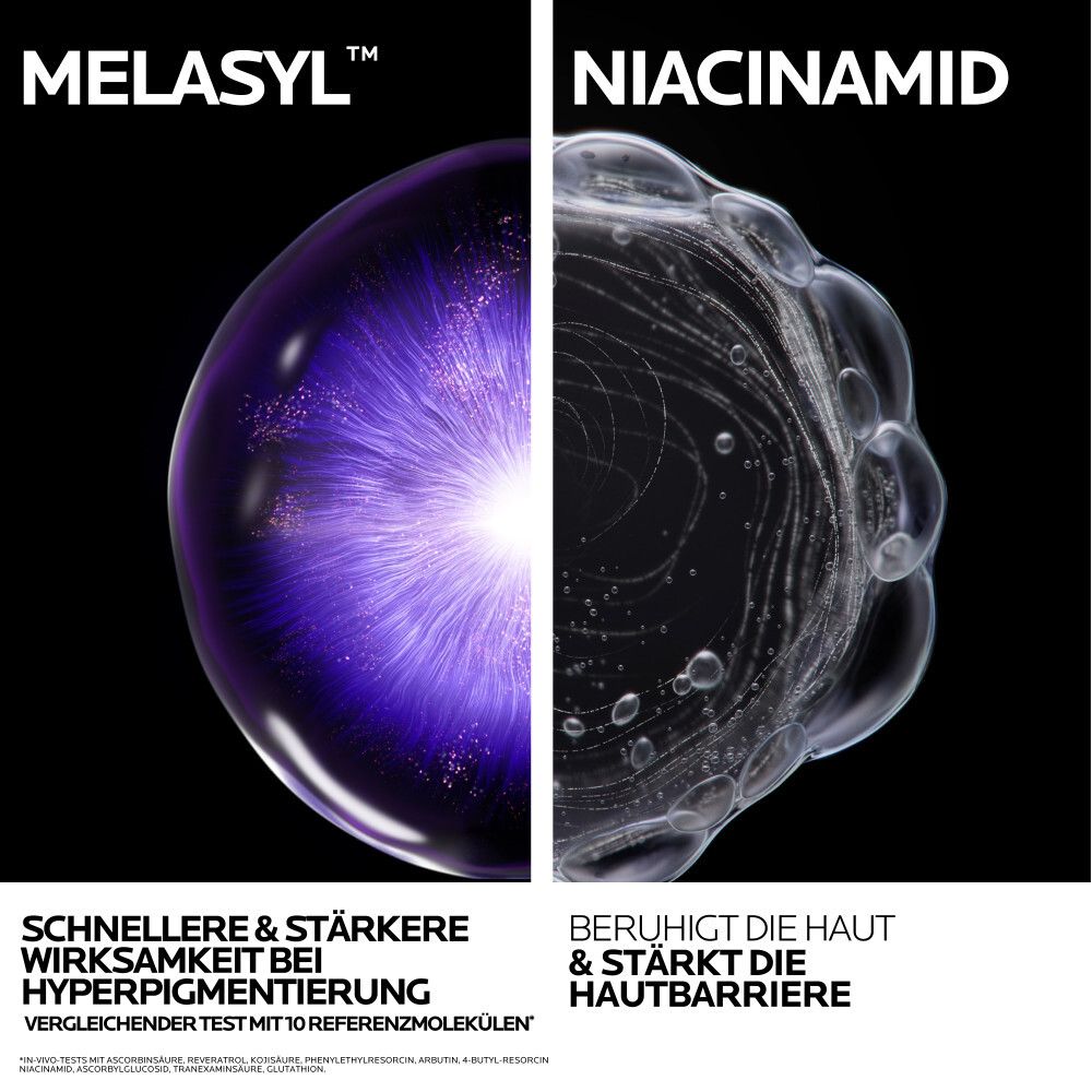 Vergleich von Melasyl und Niacinamid mit Text "Schnellere & stärkere Wirksamkeit".