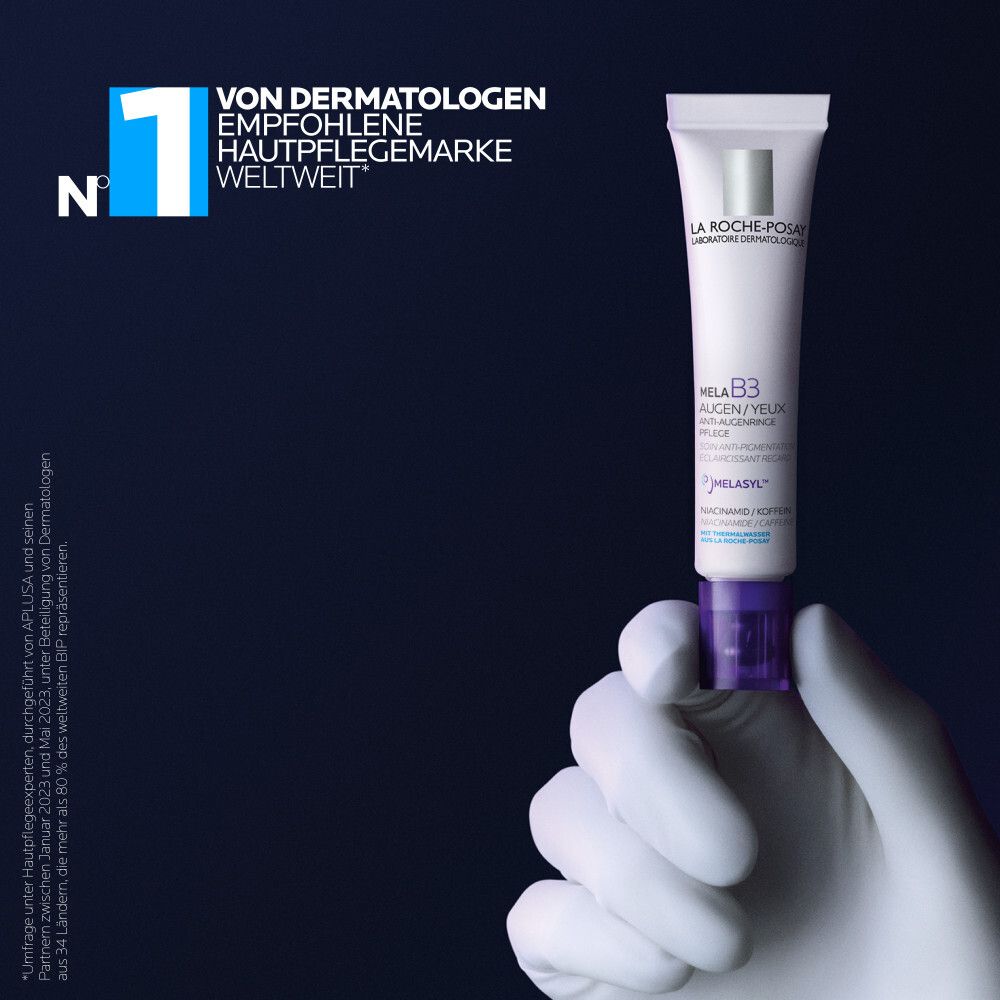 Hand hält La Roche-Posay Mela B3 Augenpflege Tube. "Von Dermatologen empfohlene Hautpflegemarke".