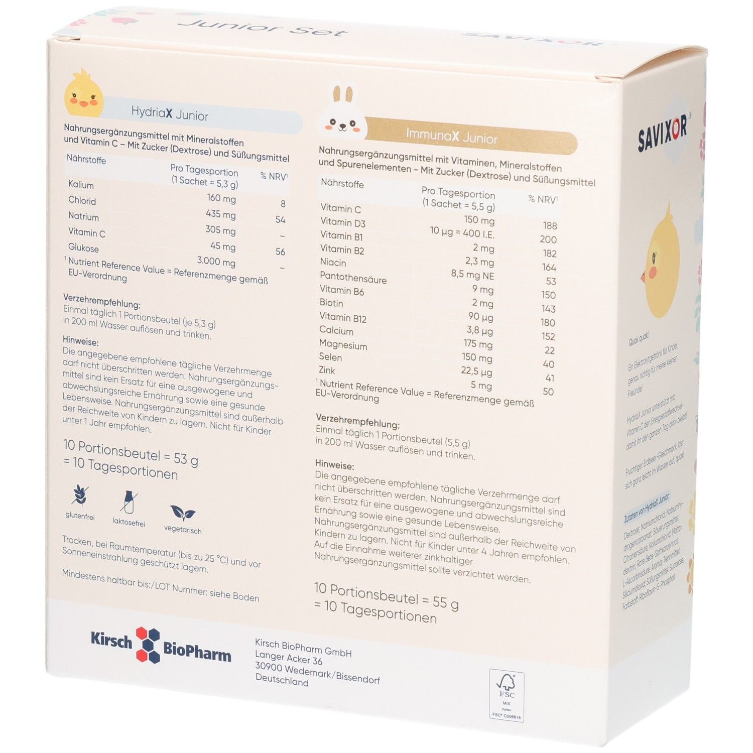 Rückseite Savixor Junior Set Karton mit Nährwertangaben für HydriaX Junior und ImmunaX Junior.