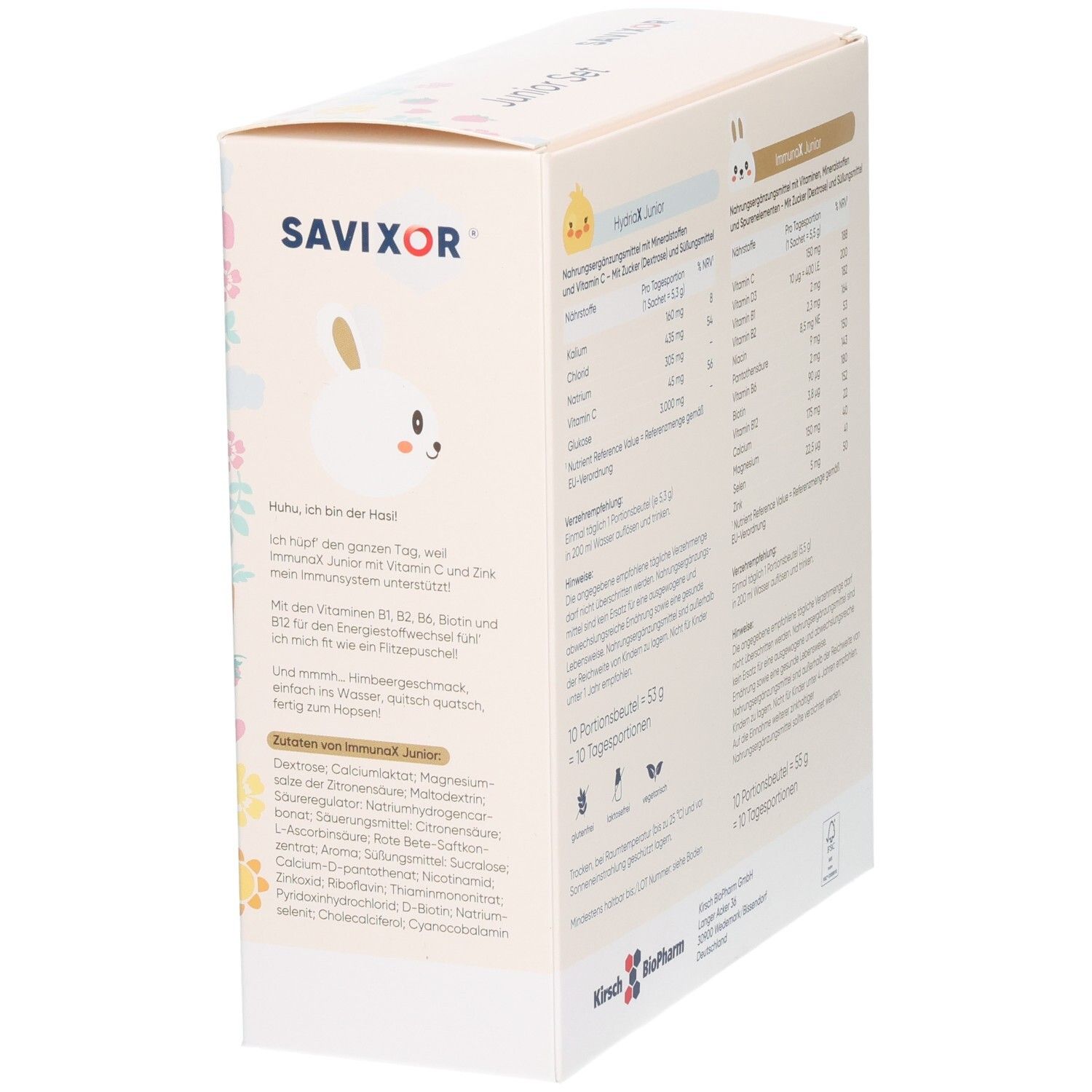 Seite Savixor Junior Set Karton mit Produktinformationen und Tiermotiven.