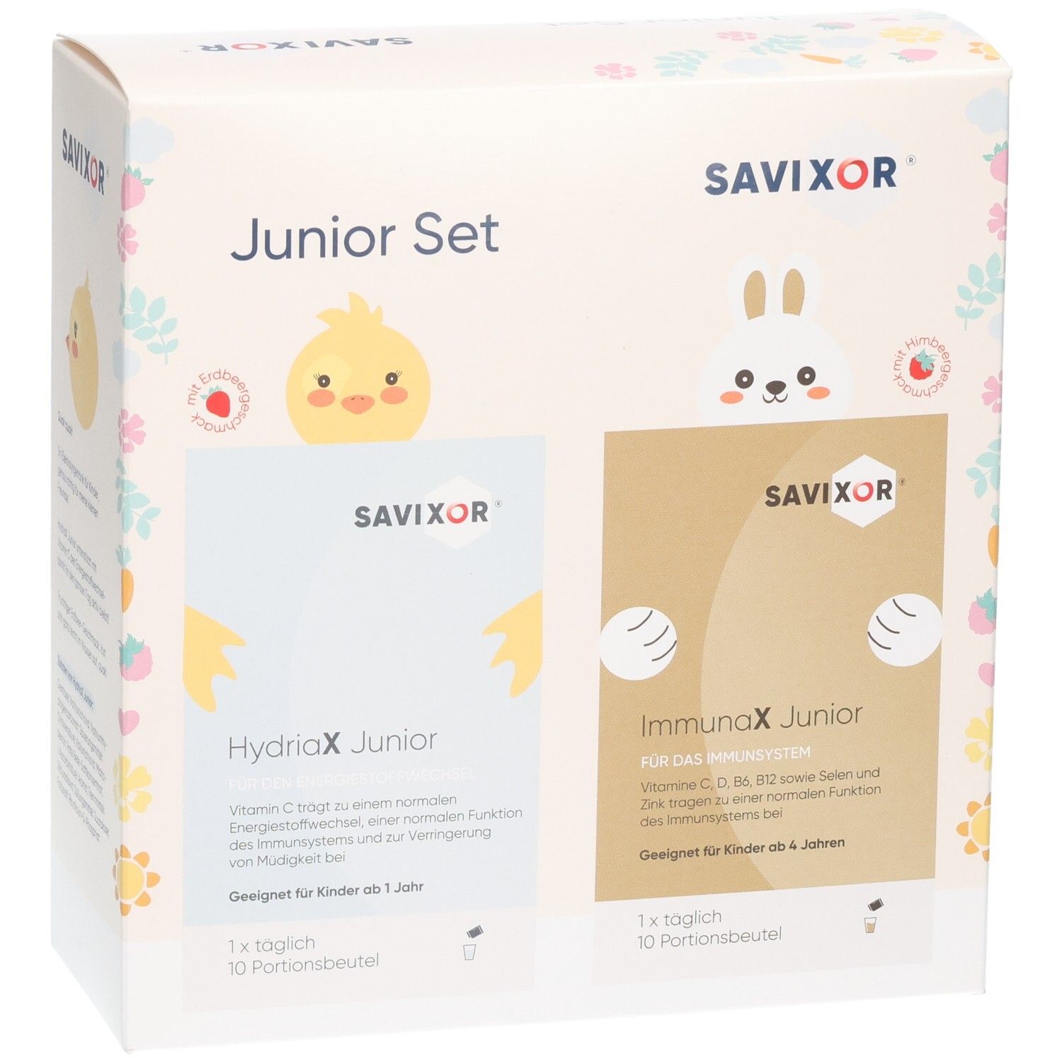 Vorderseite Savixor Junior Set Karton mit HydriaX Junior und ImmunaX Junior Packungen. Bunt mit Tiermotiven.