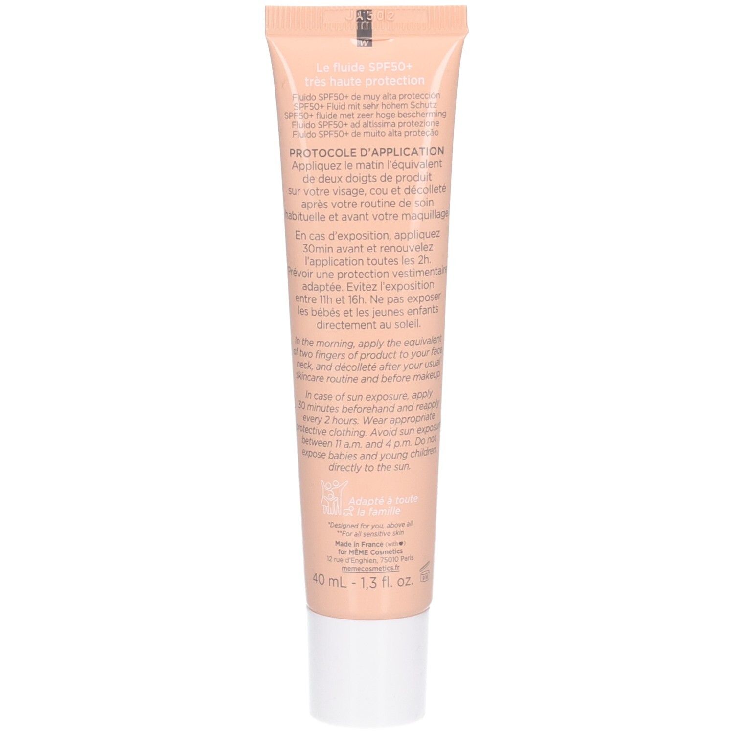 Arrière du tube MEME Fluid SPF 50+ avec instructions d'application et ingrédients.